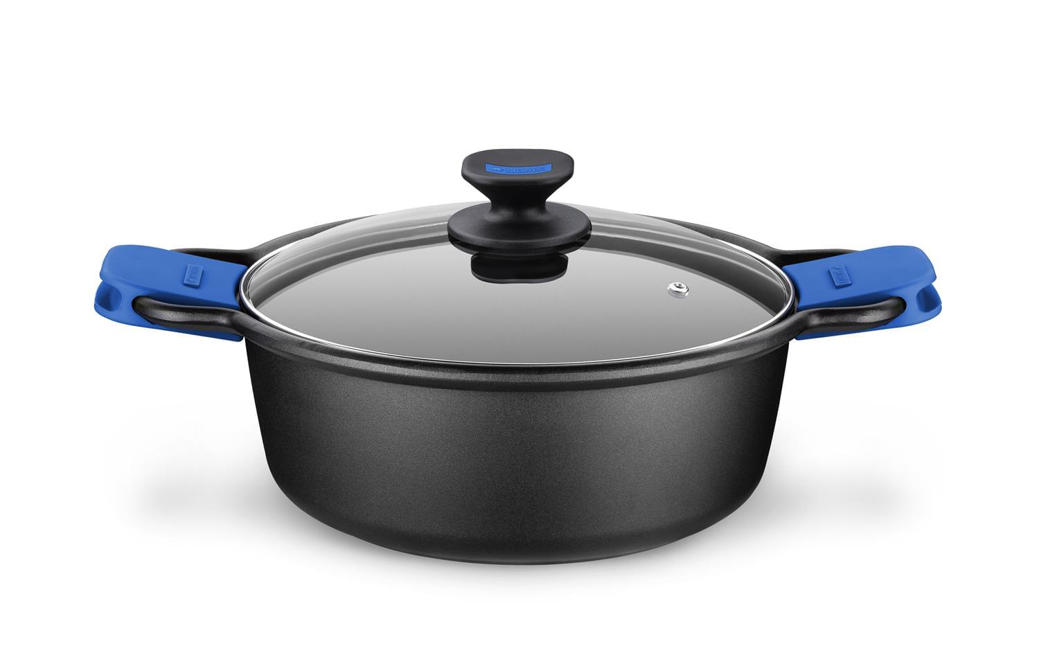 Deep saucepan in non-stick die-cast aluminum for induction with lid and pot holders, Solid + line, diam. 24cm