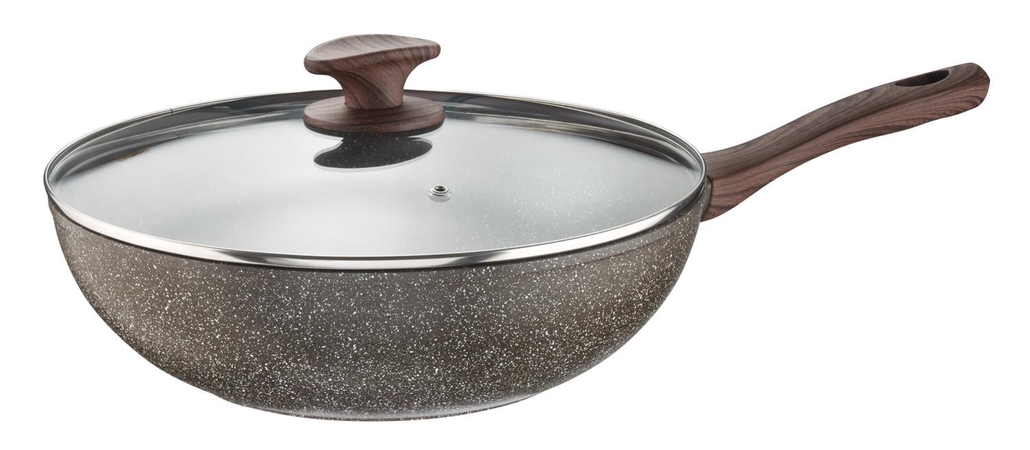 Stone effect non-stick aluminum wok for induction with glass lid, Chalet line, diam. 28cm