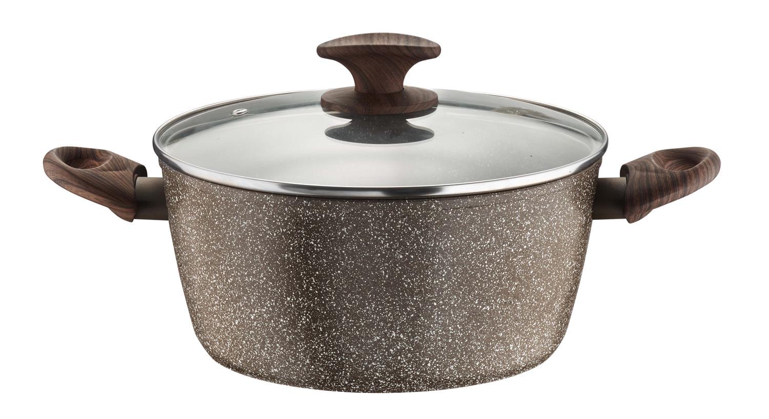 High casserole in non-stick aluminum with stone effect and glass lid for induction, Chalet line, diam. 24cm