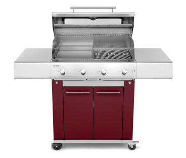 Barbecue a gas Fry Top 750 4 fuochi con carrello Sun Grill Rosso bordeaux e fornello laterale Dual Pianeta Grill 