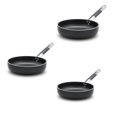 Tris di padelle dritte antiaderenti per induzione con manico inox cool, spessore 5 mm, diam. 20/24/28cm