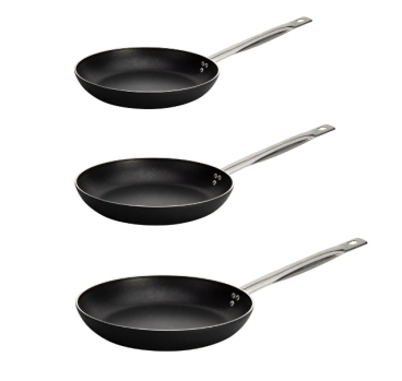 Tris di padelle svasate basse in alluminio antiaderente per induzione, spessore 4mm, diam. 20,24,28cm