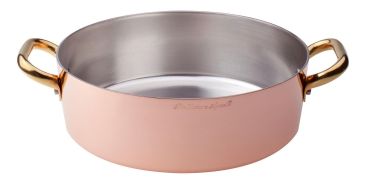 Low saucepan in hand-tinned smooth copper 2mm, two brass handles, diam. 40cm