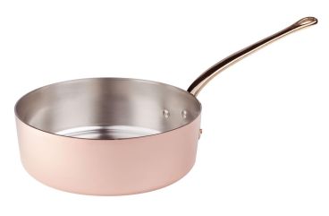 Casseruola Bassa in rame liscio con un manico in ottone fuso, diam. 20cm