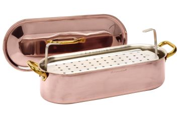 Fish kettle in hand-tinned smooth copper 2mm grid and lid, two brass handles, dim.40x13cm