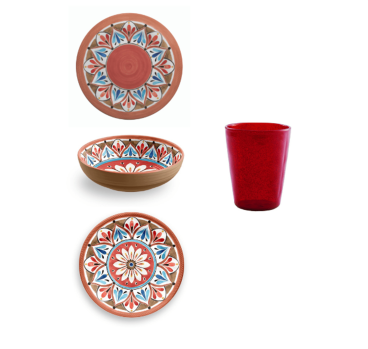 Servizio piatti in melamina, linea London, 18 pezzi + Bicchiere acqua Memento Synth metacrilato, Rosso, 6 pezzi
