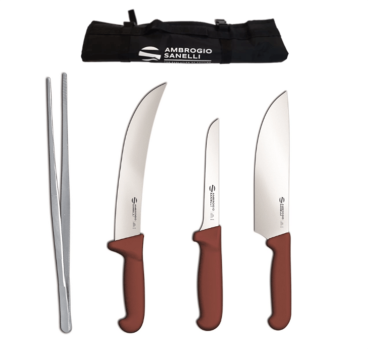 Set 4 pezzi linea Barbecue con Scimitarra, Disosso, Churrasco e pinza + Rotolo in OMAGGIO