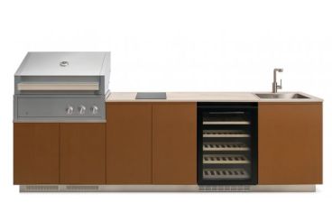 Cucina da esterno Garden Chef linea Demetra Corten, con barbecue inox 3 fuochi, piano cottura, cantina e lavello, 3mt