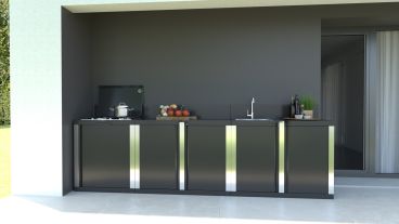 Cucina da esterno Garden Chef linea IVY inox e nero, con lavello, piano lavoro e piano cottura, 320cm