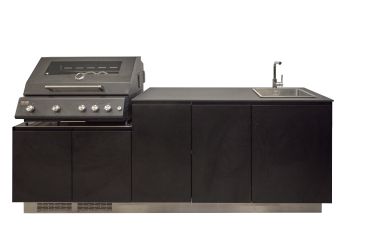 Cucina da esterno Garden Chef linea Demetra, con barbecue nero 4 fuochi e lavello, 240cm