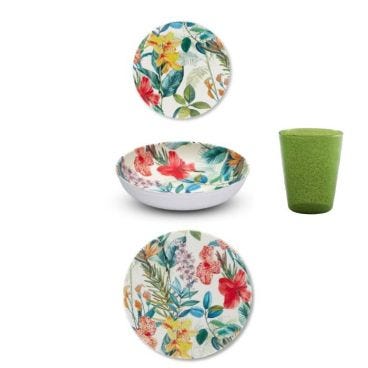 Servizio piatti in melamina, linea Garden, 18 pezzi+ Bicchiere metacrilato, Verde, 6 pezzi