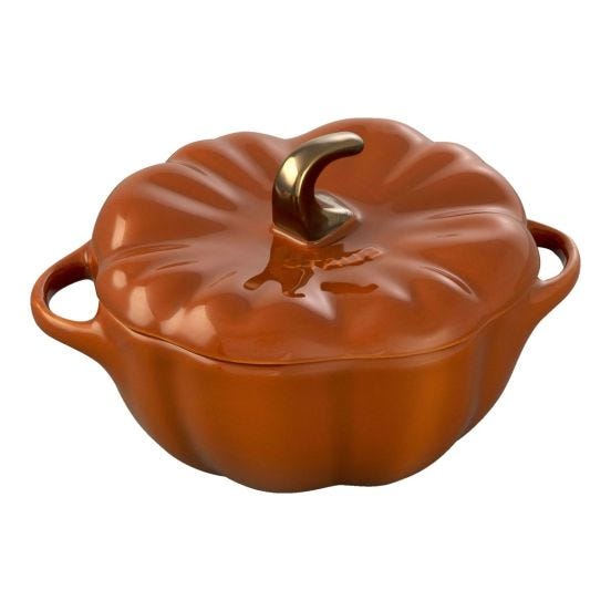 Mini pumpkin-shaped ceramic cocotte, cinnamon color with handles and lid, diam. 12cm