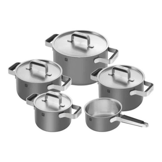 Batteria pentole Zwilling - Set di 5 pezzi di pentole e padelle Pure grigie in acciaio inox per induzione 