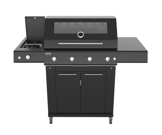 Barbecue a gas Fry Top 750 4 fuochi Nero con carrello Sun Grill e fornello laterale Dual Pianeta Grill 
