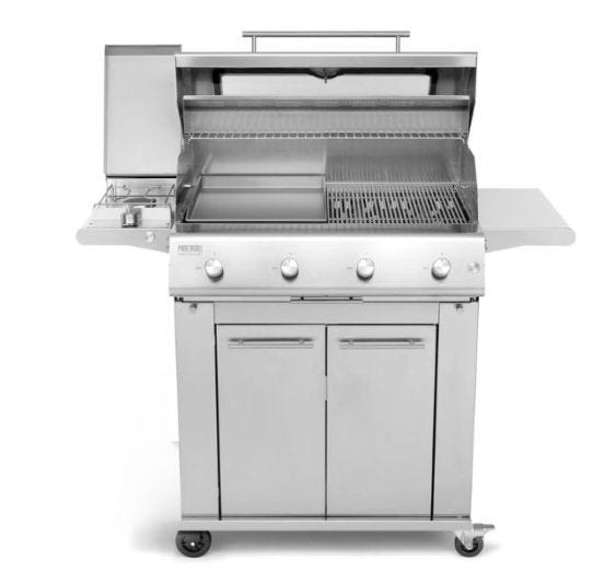 Fry Top 750 4-burner gas barbecue with Sun Grill Compact trolley and Premium Pianeta Grill side burner
