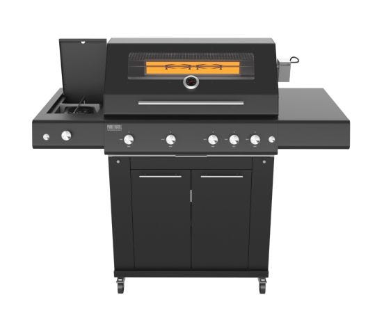 Barbecue a gas Fry Top 750 5 fuochi Nero con carrello Sun Grill e fornello laterale Dual Pianeta Grill 