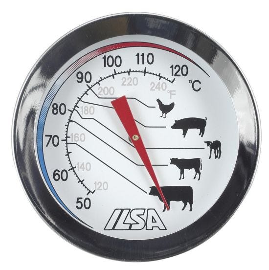 Termometro carne (+50° +120°C) in acciaio inox 18/10, con sonda di 10cm, di Ilsa, diam. 5cm
