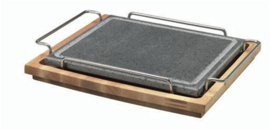 Pietra rettangolare con supporto in acciaio e basamento in legno, diam. 25x30cm 