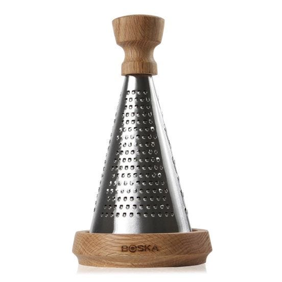 Grattuggia da tavola Oslo in acciaio inox con vassoio di raccolta in legno