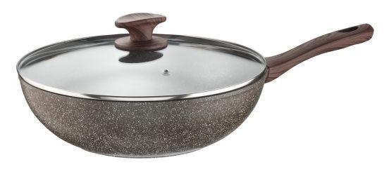 Wok in alluminio antiaderente per induzione effetto pietra con coperchio in vetro, linea Chalet, diam. 28cm