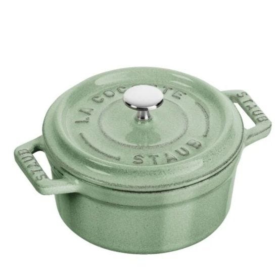 Round cast iron saucepan for induction sage color with handles and lid, diam. 10cm