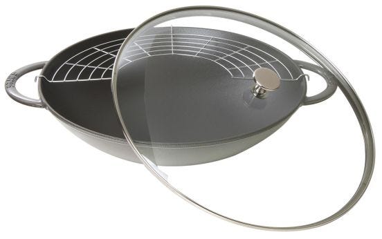 Wok in ghisa per induzione colore grigio con maniglie e coperchio in vetro , diam. 37cm