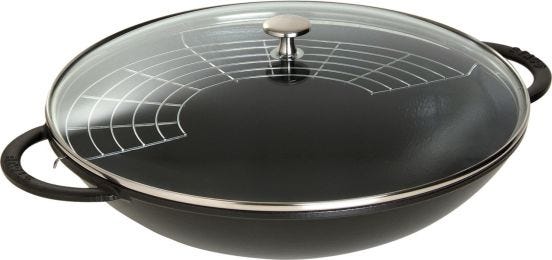 Wok in ghisa per induzione colore nero con maniglie e coperchio in vetro , diam. 37cm