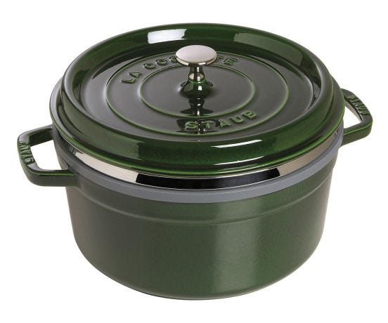 Round cast iron saucepan for induction green color with handles, lid and steam basket, diam. 26cm