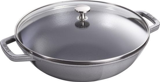 Wok in ghisa per induzione colore grigio con maniglie e coperchio in vetro , diam. 30cm