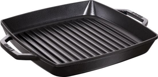 Griglia quadrata in ghisa per induzione colore nero con maniglie di Staub, diam.28cm
