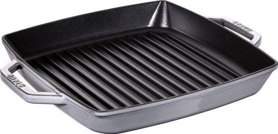 Griglia quadrata in ghisa per induzione colore grigio con maniglie di Staub, diam.28cm
