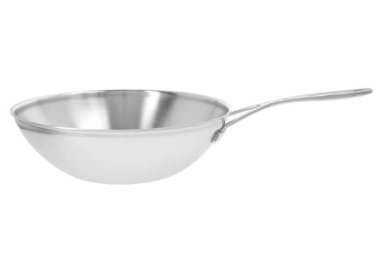 Wok con base piatta in acciaio inox con manico per induzione, linea Industry, diam. 30cm