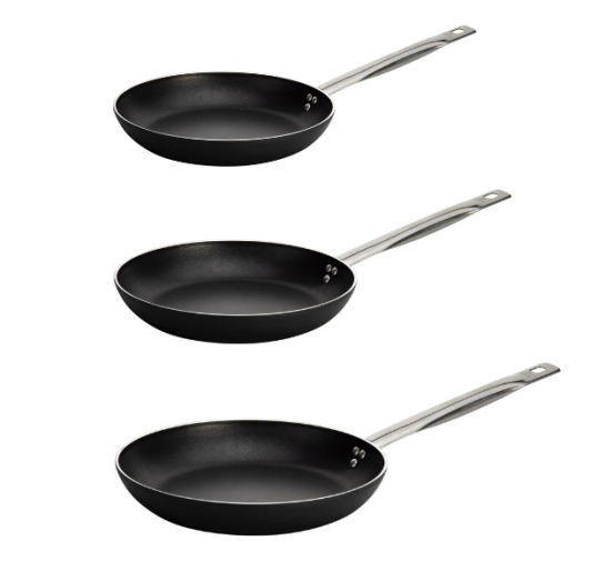 Tris di padelle svasate basse in alluminio antiaderente per induzione, spessore 4mm, diam. 20,24,28cm