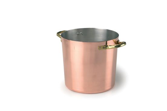 Pot in smooth tinned copper with two brass handles, thickness 2mm, diam. 24cm