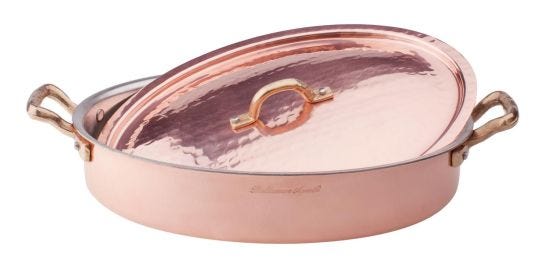 Tegame ovale in rame martellato stagnato a mano 2mm con due maniglie ottone e coperchio, diam. 30cm
