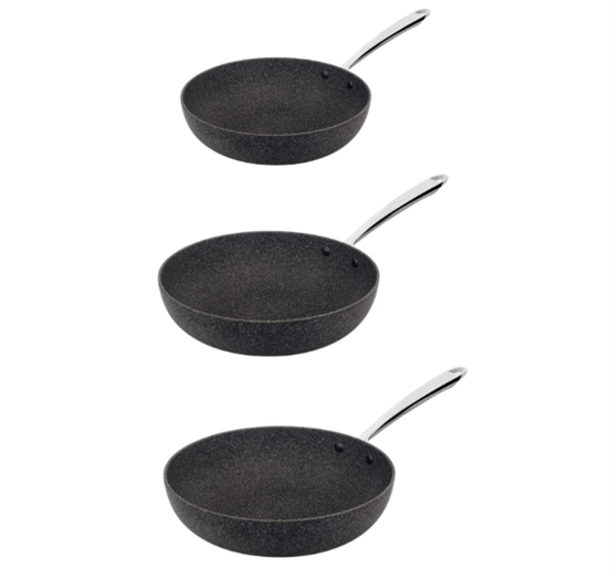 Batteria 3 Padelle Svasate Alte Shark Skin in alluminio antiaderente 3mm con manico ‘1907’ di Pentole Agnelli, diam. 24-28-32cm