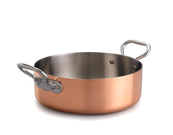 Low saucepan in trilaminate Copper for induction with two handles, diam. 28cm