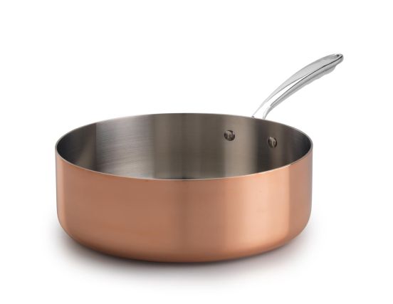 Low casserole in trilaminate copper for induction with one handle, diam. 20cm