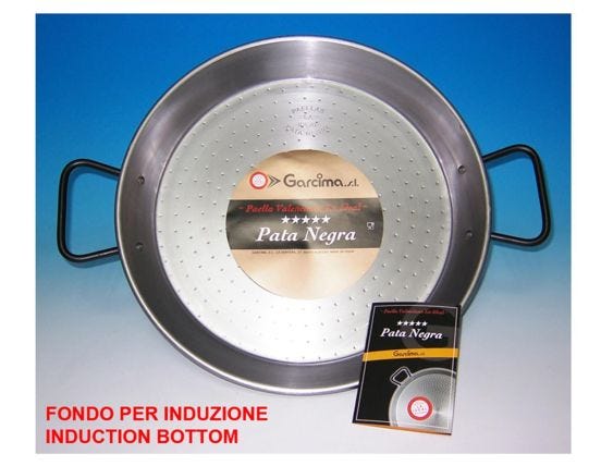 Paella Valenciana fondo induzione &#039;Linea LA IDEAL PATA NEGRA&#039; di Garcima, in ferro spazzolato, per 3 porzioni, diam. 38cm