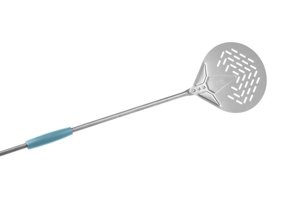 Stainless steel pizza peel, diam. 26 cm drilled, handle 180 cm