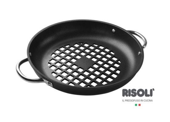 Tegame per barbecue e castagne in alluminio antiaderente con fondo grigliato e maniglie in acciaio inox di Risolì