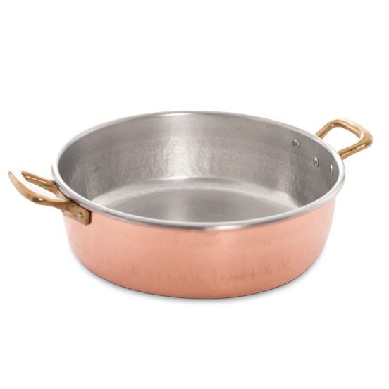 Casseruola bassa in rame martellato stagnato con due maniglie in ottone, diam. 28cm
