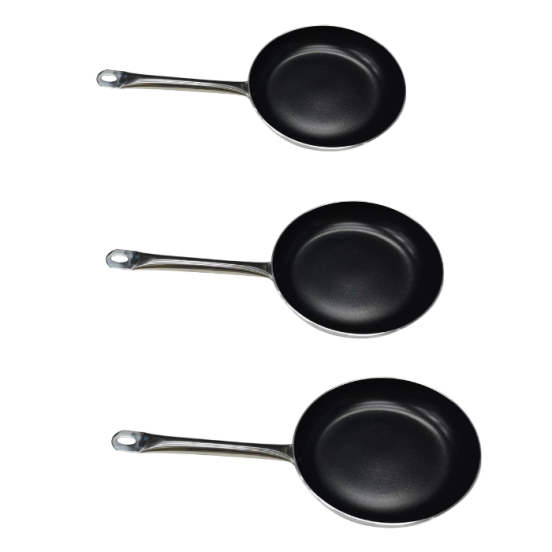 Fasa flared pan set in non-stick aluminum with a thickness of 3mm and a diameter of 20, 24, 28cm. 