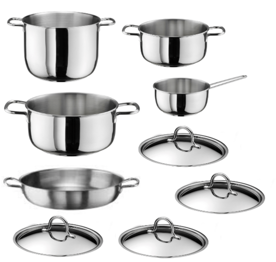 Batteria in acciaio inox per induzione da 9 pezzi in scatola regalo, linea Inox Plus