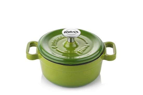Mini-Cocotte in Silver enamelled cast iron, with lid, Green, diam. 10cm