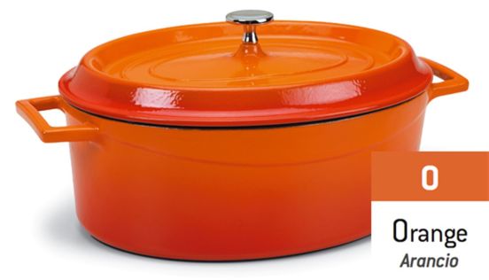 Oval Casserole in cast iron with lid and two Orange handles, diam. 29x22cm