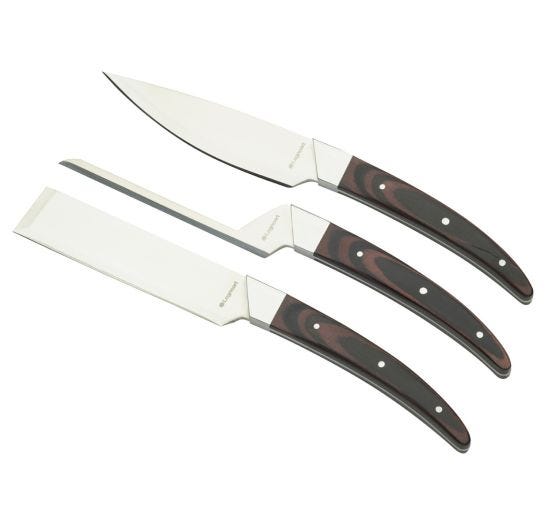 Set di coltelli per formaggi Caseus di Legnoart, lama acciaio con manico in legno scuro e scatola regalo