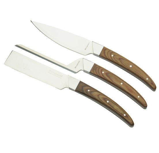 Set di coltelli per formaggi Caseus di Legnoart, lama acciaio con manico in legno chiaro e scatola regalo