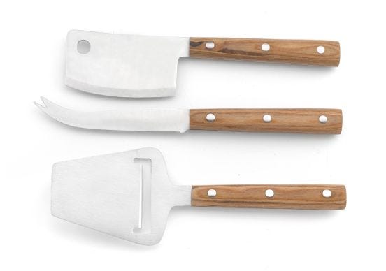 Set di coltelli per formaggi Reggio di Legnoart, lama acciaio con manico in legno chiaro e scatola regalo