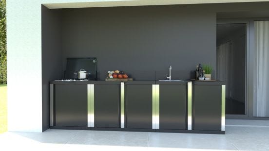Cucina da esterno Garden Chef linea IVY inox e nero, con lavello, piano lavoro e piano cottura, 320cm